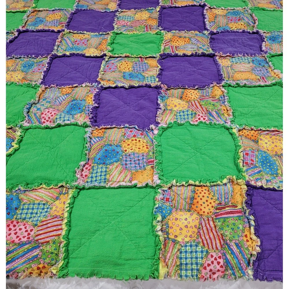 Handmade Rag Quilt College Station TX Cathy Catron‎ Purple Green Pink Yellow